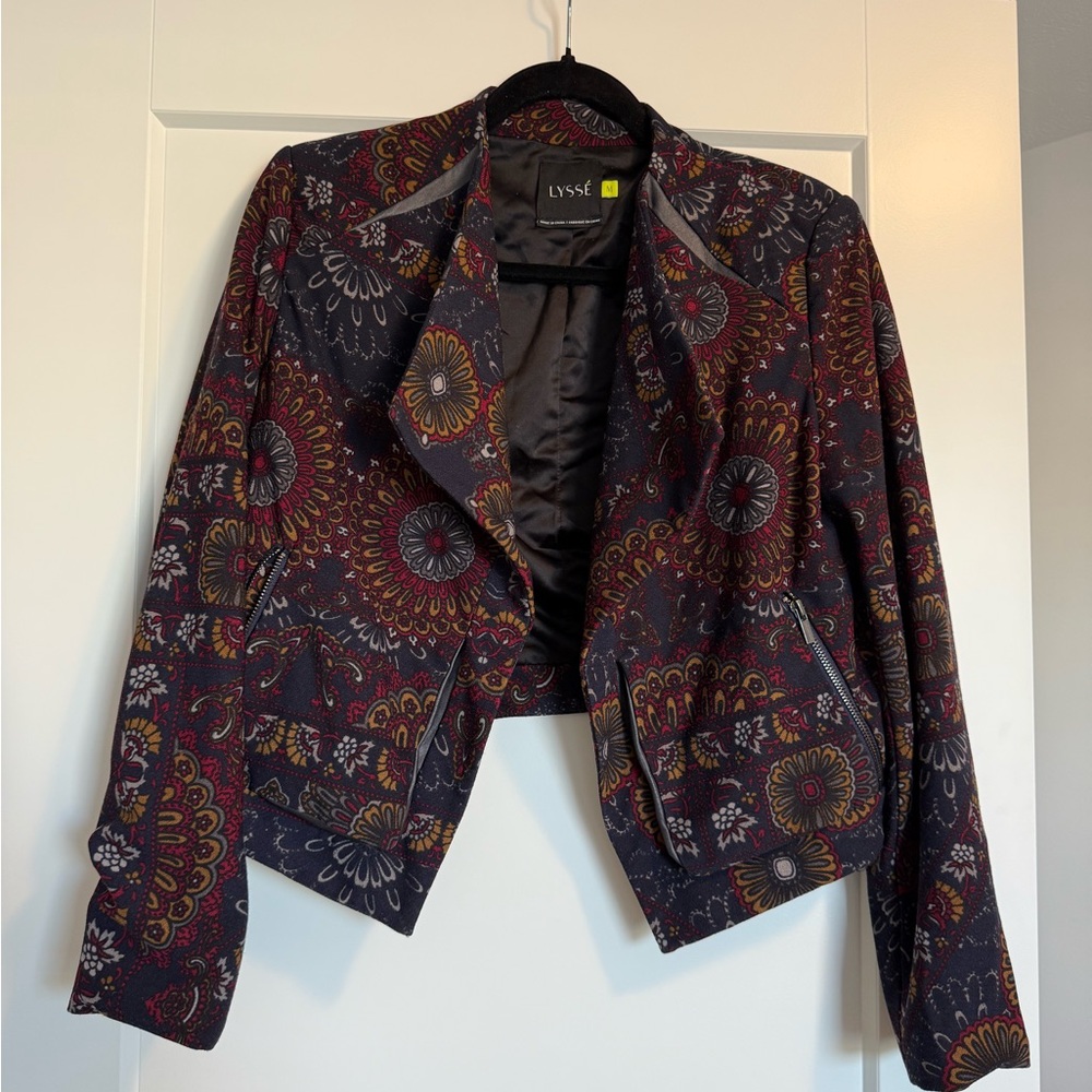 Lysse Navy Cropped Blazer with Red and Orange Design